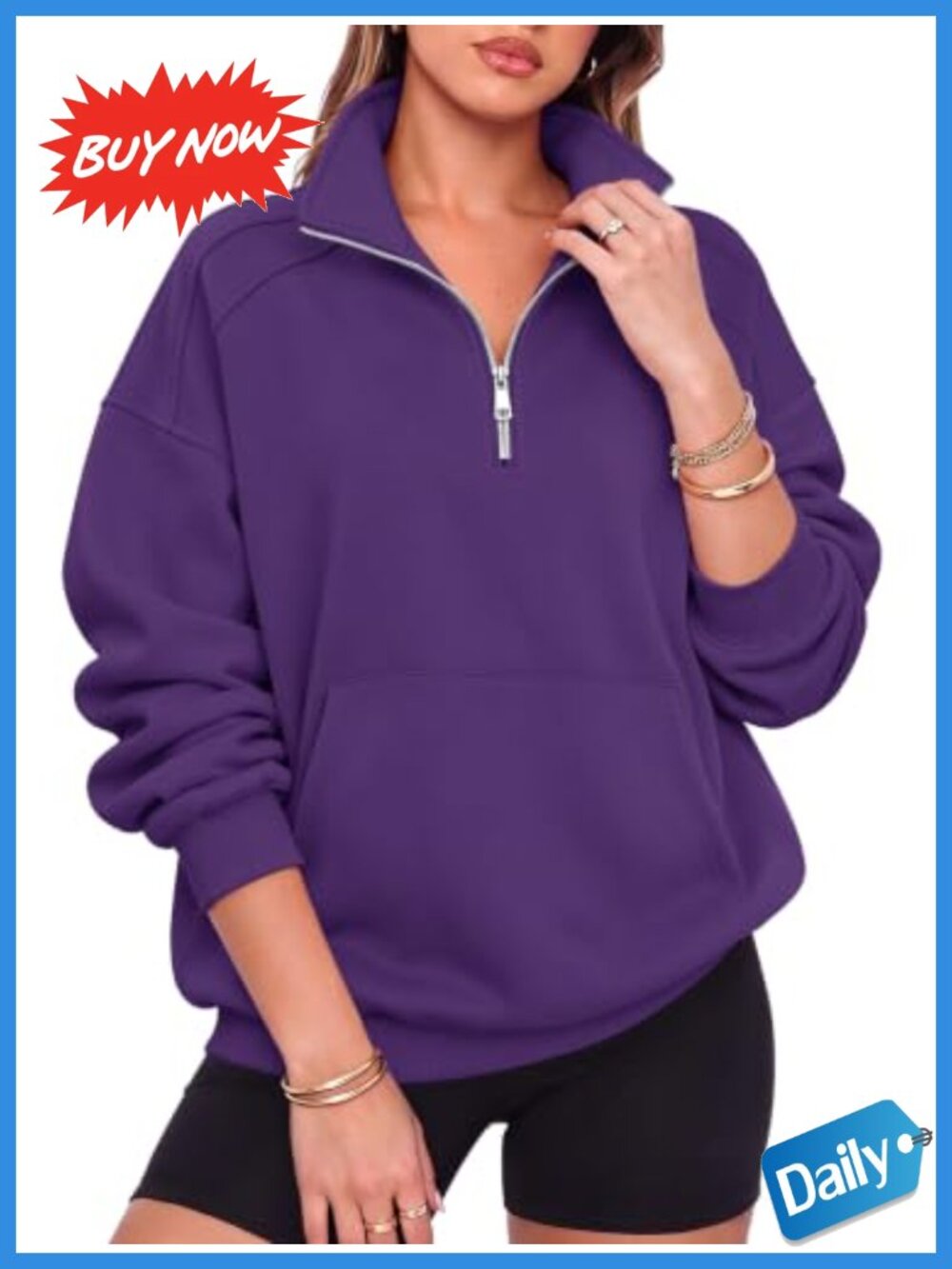 Oversized Half Zip Fleece Sweatshirt 65% Polyester 35% Cotton Women's